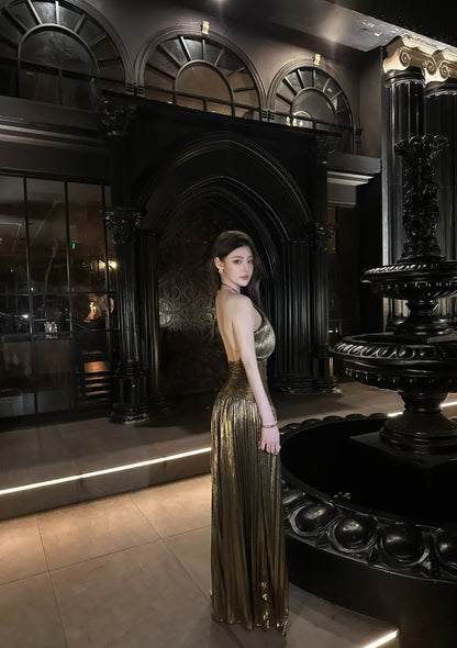 Chic Halter Brown Long Prom Dress Satin Sheath Evening Dress Sleeveless Birthday Dress ED06698