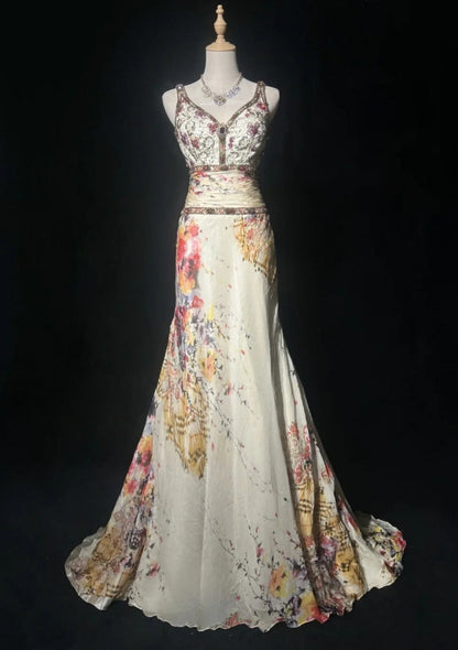 Chic V-neck Floral Long Prom Dress Satin Sheath Evening Dress Sleeveless Birthday Dress ED06699