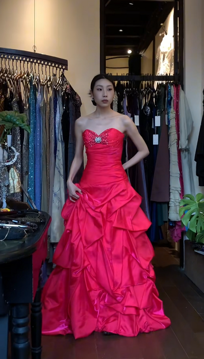 Chic Strapless Pink Long Prom Dress Satin A-Line  Evening Dress Sleeveless Birthday Dress ED06700