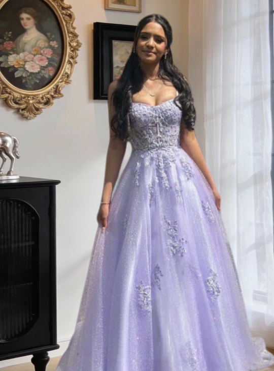 Gorgeous Long Purple Prom Dresses Sweetheart A-Line  Evening Dress Tulle Sleeveless Birthday Dress ED06703