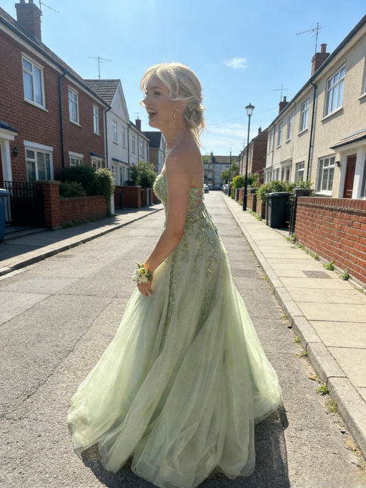Cute Long Green Prom Dresses Strapless A-Line Evening Dress Appliques Tulle Sleeveless Birthday Dress ED06708