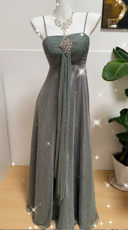 Vintage Prom Dresses Spaghetti Straps A-Line Long Evening Dress Glitter Chiffon Sleeveless Birthday Dress ED06711
