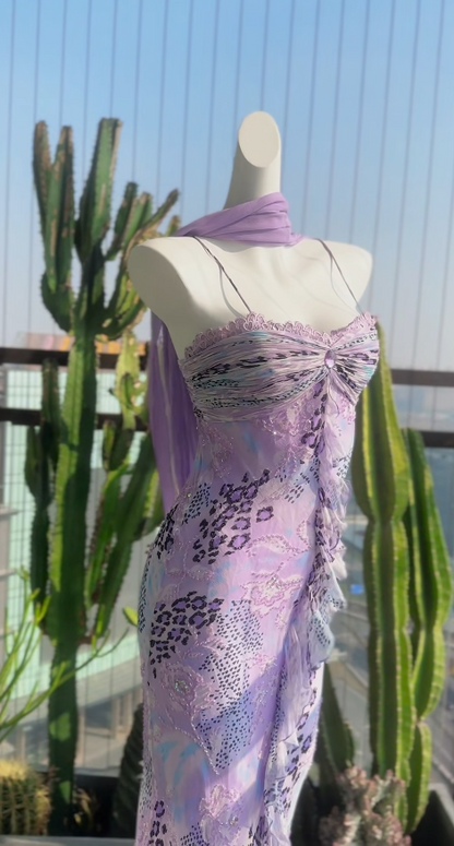 Purple Prom Dresses Spaghetti Straps Sheath Vintage Evening Dress Chiffon Beaded Long Birthday Dress ED06717