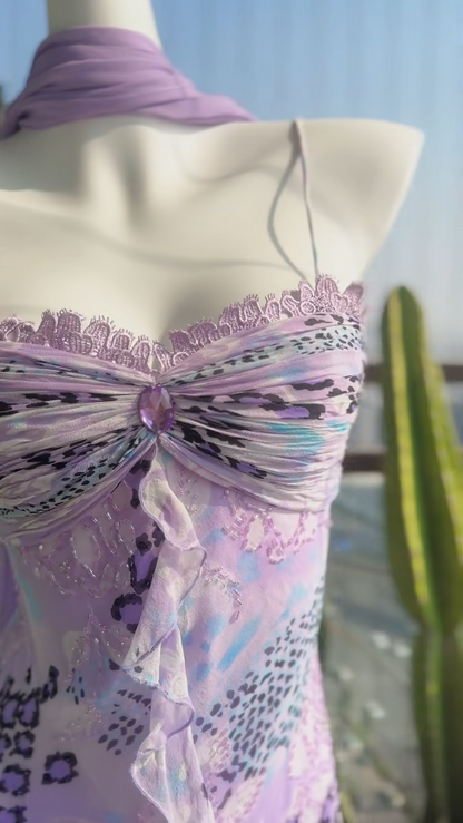 Purple Prom Dresses Spaghetti Straps Sheath Vintage Evening Dress Chiffon Beaded Long Birthday Dress ED06717
