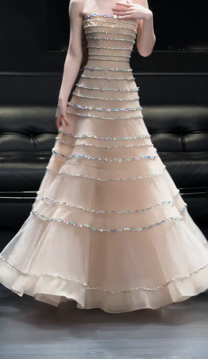 Strapless Champagne Prom Dresses Cute A-Line Long Evening Dress Rhinstones Tulle Sleevelesss Birthday Dress ED06720