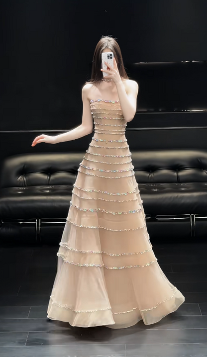 Strapless Champagne Prom Dresses Cute A-Line Long Evening Dress Rhinstones Tulle Sleevelesss Birthday Dress ED06720