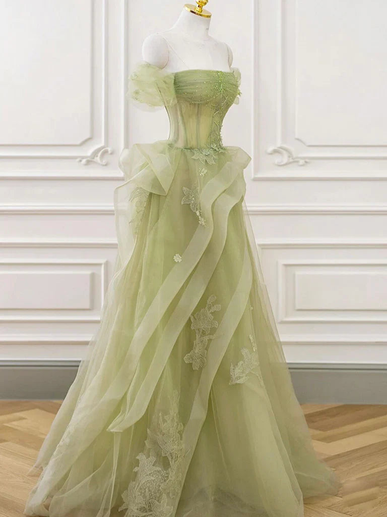 Green Off Shoulder Lace Long Prom Dress, Green Formal Dress ED0673