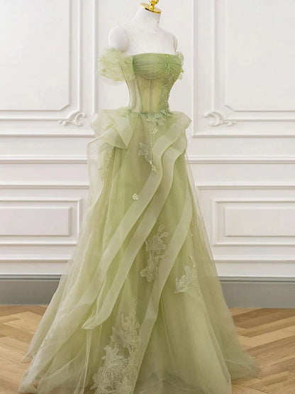 Green Off Shoulder Lace Long Prom Dress, Green Formal Dress ED0673