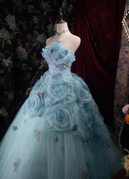 Fairy Blue Prom Dress Strapless A-Line Long Evening Dress Tulle Appliques Sleeveless Sweet 16 Dress ED06730