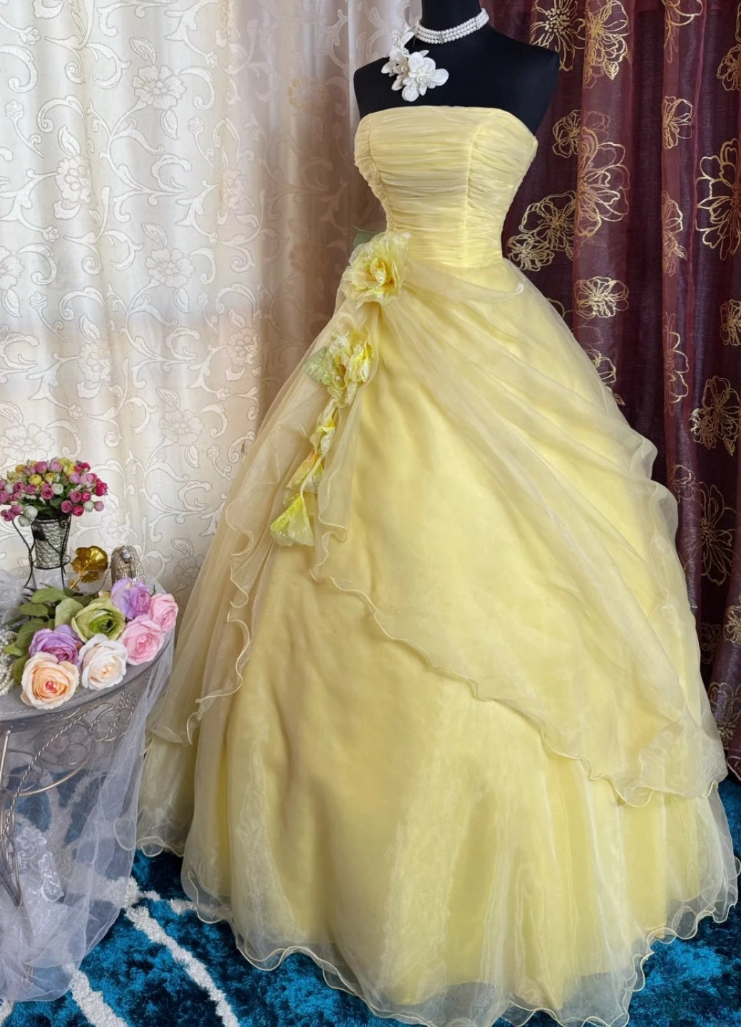 Fairy Yellow Prom Dress Strapless A-Line Long Evening Dress Tulle Appliques Sleeveless Sweet 16 Dress ED06731