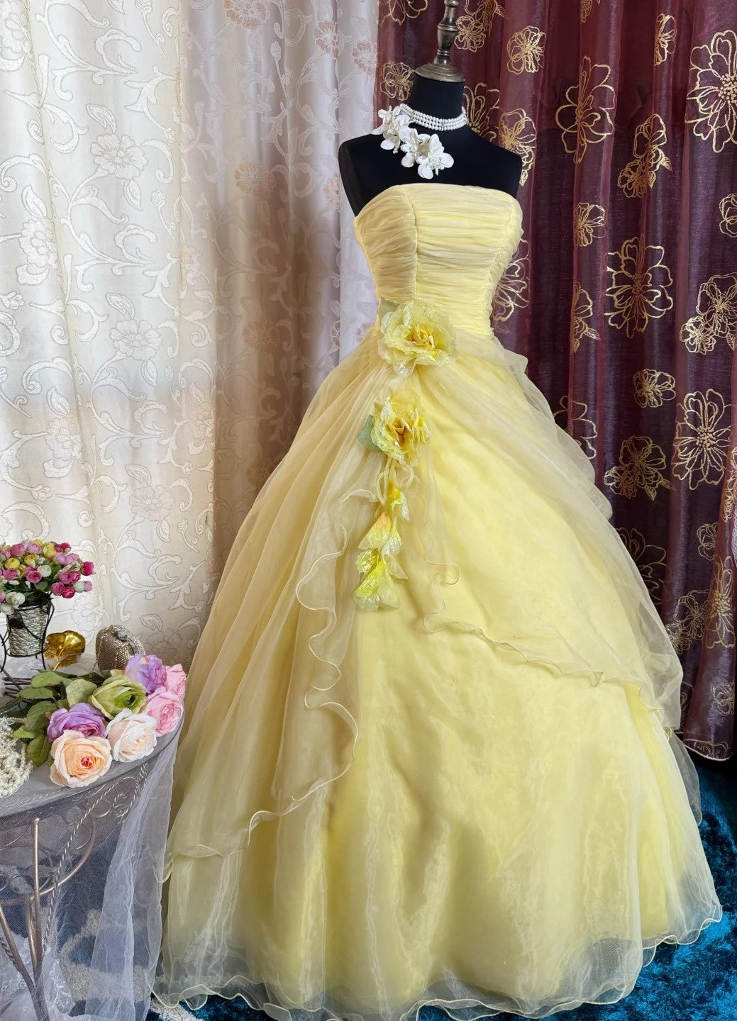 Fairy Yellow Prom Dress Strapless A-Line Long Evening Dress Tulle Appliques Sleeveless Sweet 16 Dress ED06731