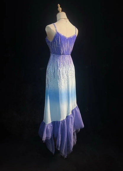 Classy Purple Prom Dresses Spaghetti Straps Sheath Long Evening Dress Tulle Beaded Sleeveless Birthday Dress ED06734
