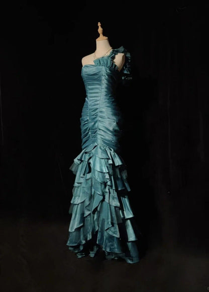 Classy Teal Prom Dresses One-shoulder Sheath Long Evening Dress Pleated Satin Sleeveless Formal Dress ED06737