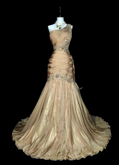 Vintage Champagne Prom Dresses One-shoulder Sheath Long Evening Dress Pleated  Tulle Sleeveless Formal Dress ED06739