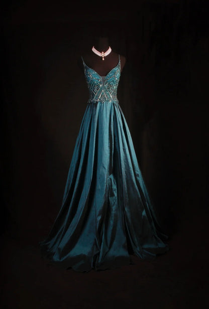 Vintage Teal Prom Dresses Spaghetti Straps A-Line Long Evening Dress Beaded Satin Sleeveless Formal Dress ED06740