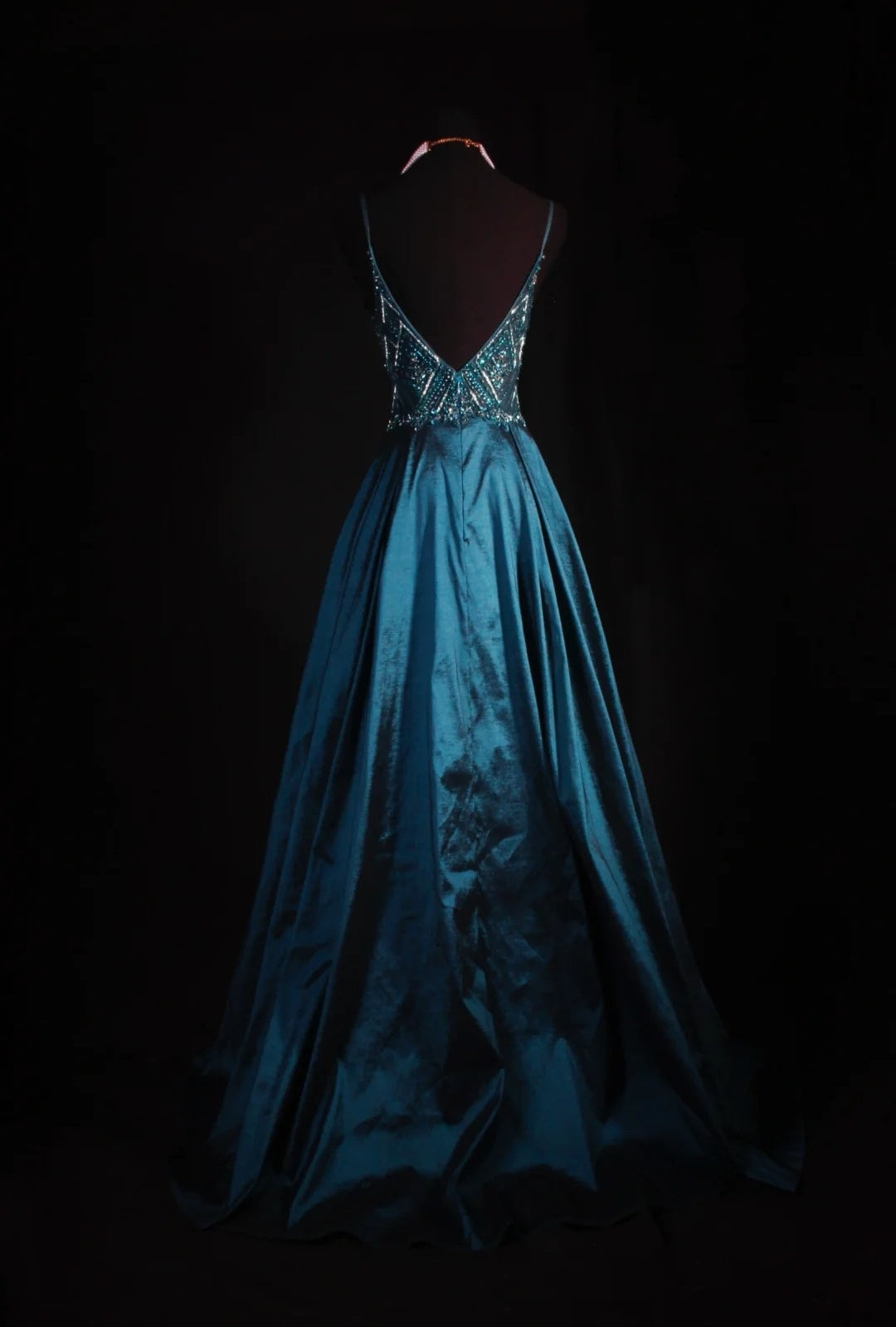 Vintage Teal Prom Dresses Spaghetti Straps A-Line Long Evening Dress Beaded Satin Sleeveless Formal Dress ED06740