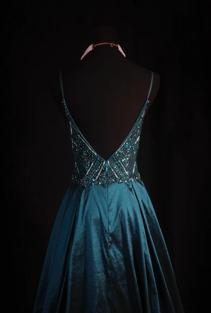 Vintage Teal Prom Dresses Spaghetti Straps A-Line Long Evening Dress Beaded Satin Sleeveless Formal Dress ED06740