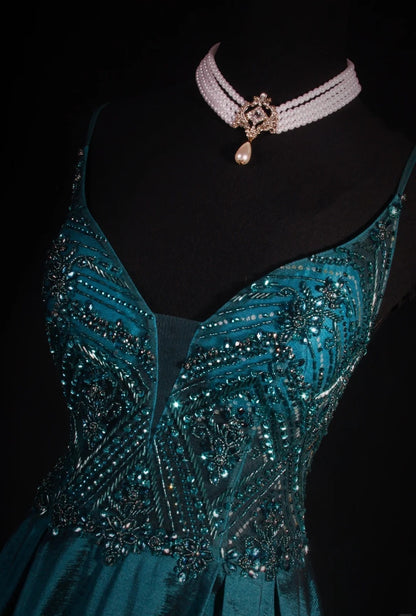 Vintage Teal Prom Dresses Spaghetti Straps A-Line Long Evening Dress Beaded Satin Sleeveless Formal Dress ED06740