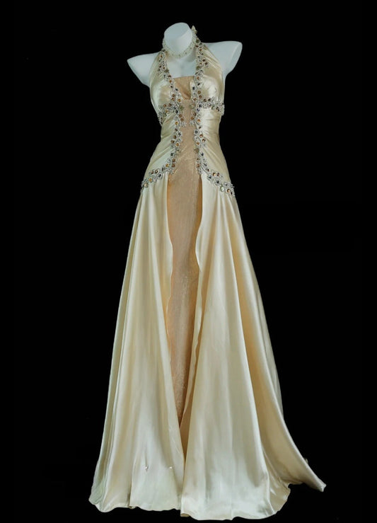 Gorgeous Gold Prom Dresses Halter A-Line Long Evening Dress Satin Sleeveless Birthday Dress ED06744