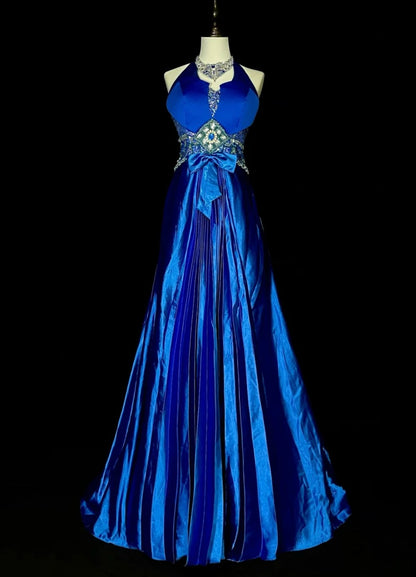 Gorgeous Blue Prom Dresses Halter A-Line Long Evening Dress Satin Sleeveless Birthday Dress ED06745