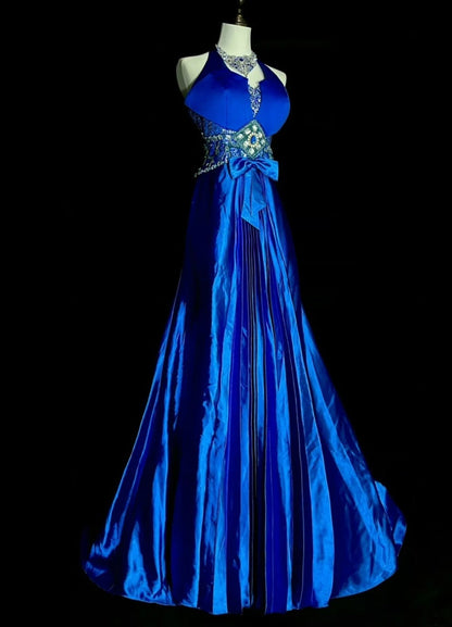 Gorgeous Blue Prom Dresses Halter A-Line Long Evening Dress Satin Sleeveless Birthday Dress ED06745