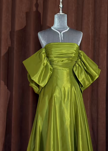 Elegant Olive Green Prom Dresses Off-shoulder A-Line Long Evening Dress Satin Sleeveless Birthday Dress ED06747