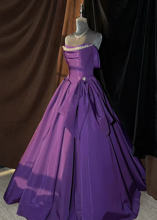 Elegant Purple Prom Dresses Strapless A-Line Long Evening Dress Beaded Satin Sleeveless Birthday Dress ED06749