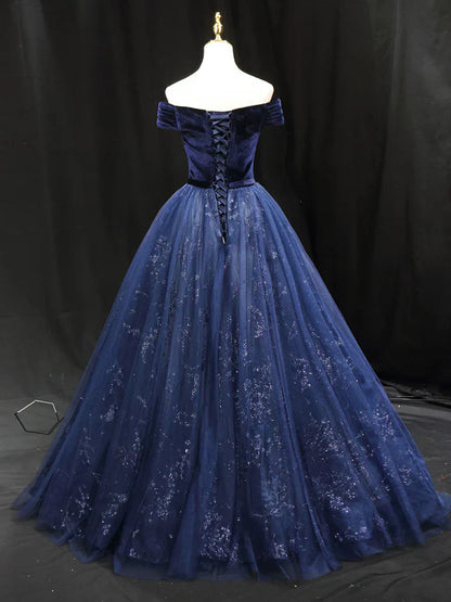Blue Tulle velvet Long Prom Dress, Blue Formal Evening Dress HZ1024