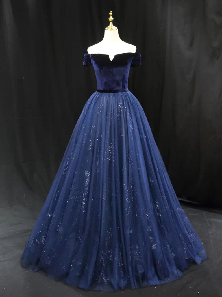 Blue Tulle velvet Long Prom Dress, Blue Formal Evening Dress HZ1024