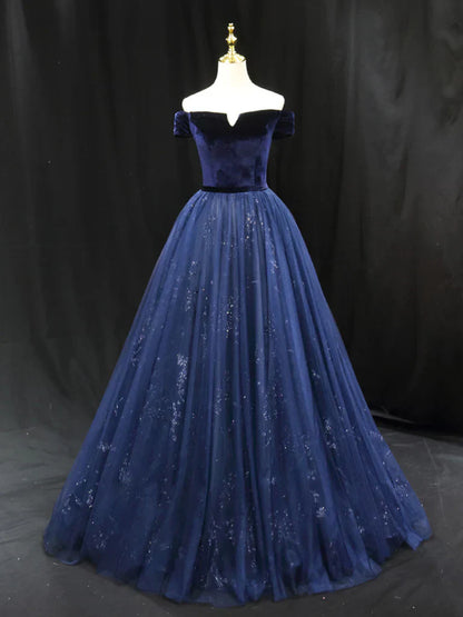 Blue Tulle velvet Long Prom Dress, Blue Formal Evening Dress HZ1024