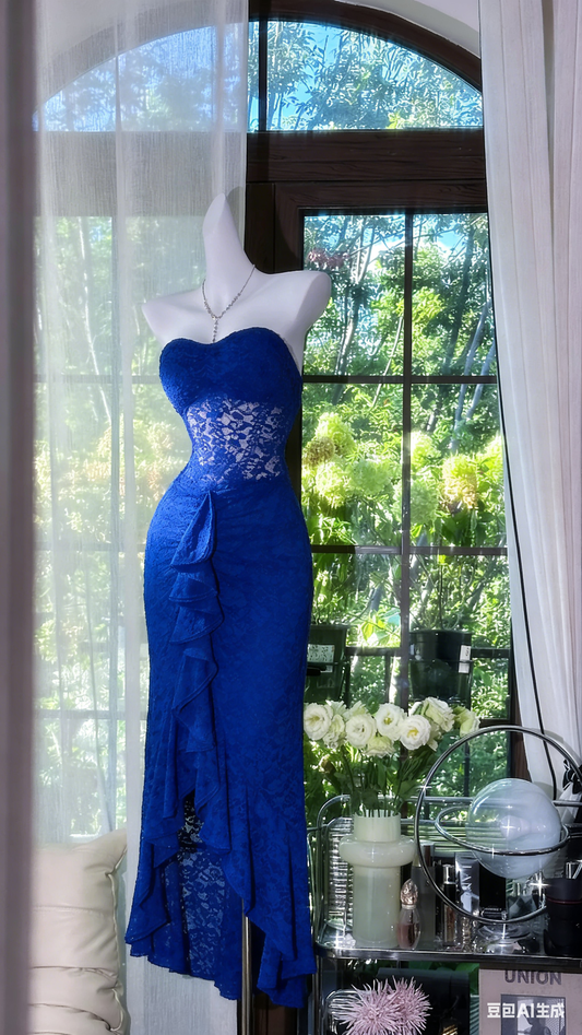Chic Royal Blue Prom Dress Sweetheart Sheath Party Dress Lace Sleeveless Birthday Dress ED06754