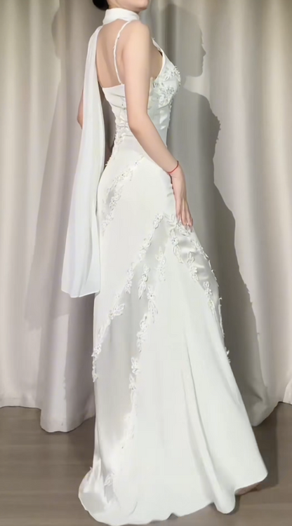Chic White Prom Dress Straps Sheath Evening Dress Satin Sleeveless Birthday Dress ED06759