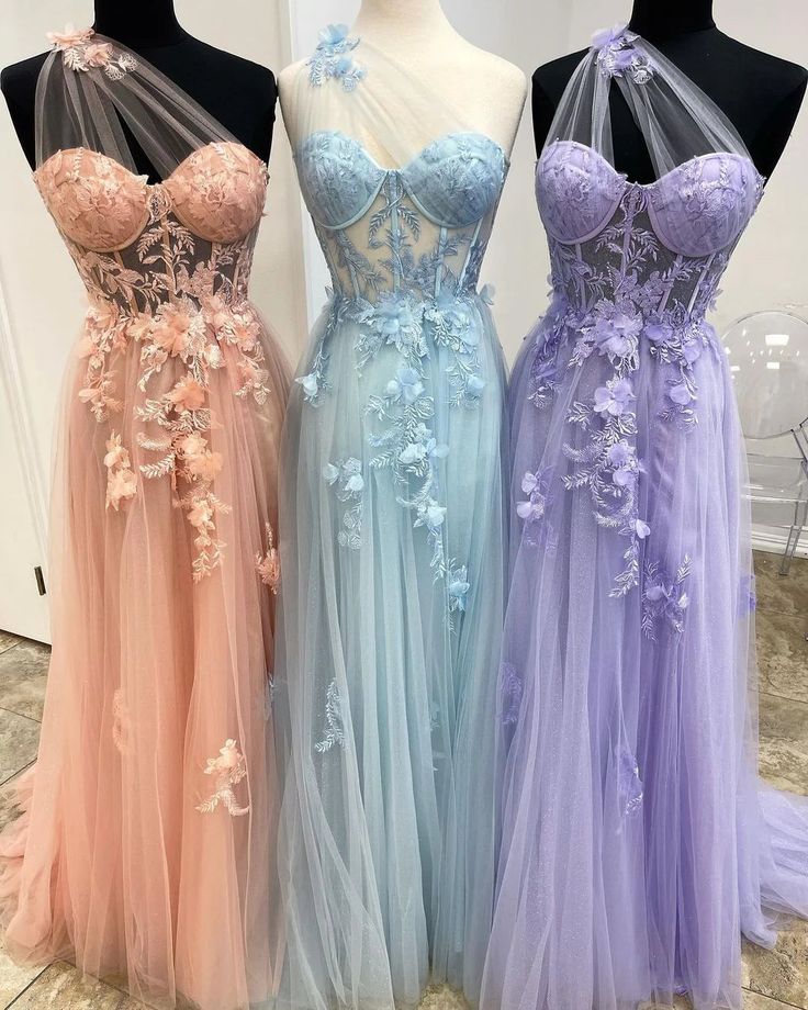 A-Line One Shoulder Tulle Lace Black Prom Dress, Black Long Evening Dress ED0676