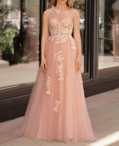 One Shoulder Tulle Lace Black Prom Dress, Black Long Evening Dress HZ1024