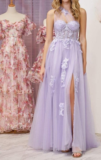 One Shoulder Tulle Lace Black Prom Dress, Black Long Evening Dress HZ1024