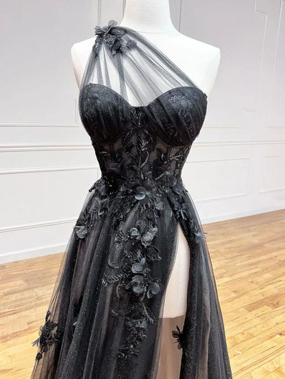 One Shoulder Tulle Lace Black Prom Dress, Black Long Evening Dress HZ1024