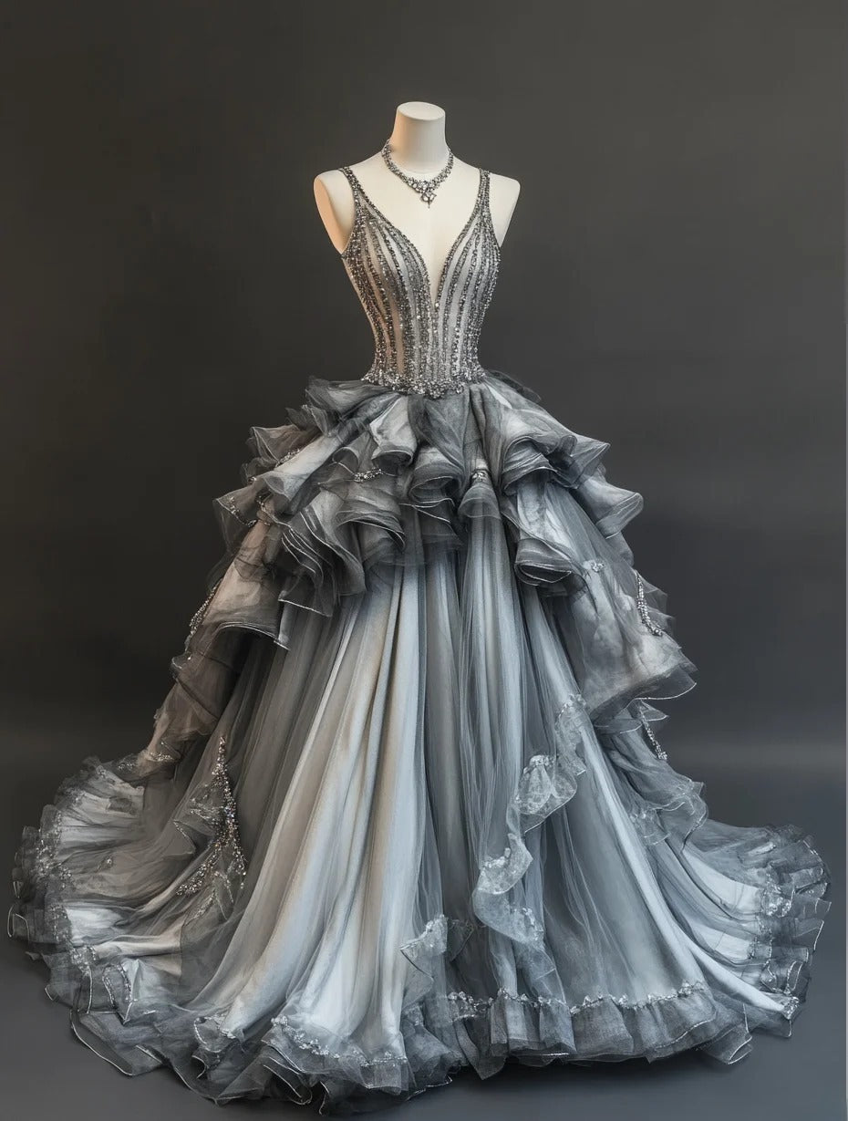 Chic Gray Prom Dress  Straps A-Line Evening Dress Tulle Sleeveless Birthday Dress ED06760