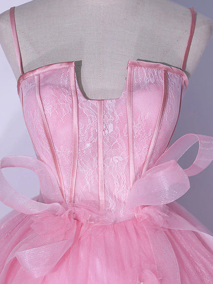 Pink A-Line Tulle Lace Long Prom Dresses, Pink Sweet 16 Dress ED0677