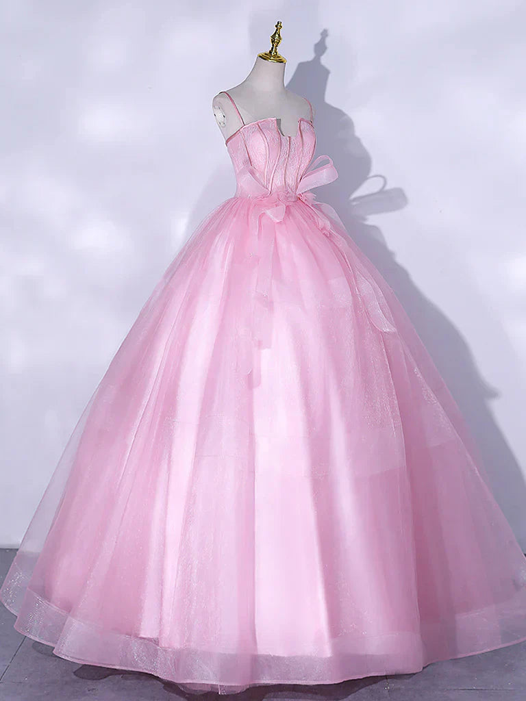A-Line Tulle Lace Long Prom Dresses, Pink Sweet 16 Dress HZ1024