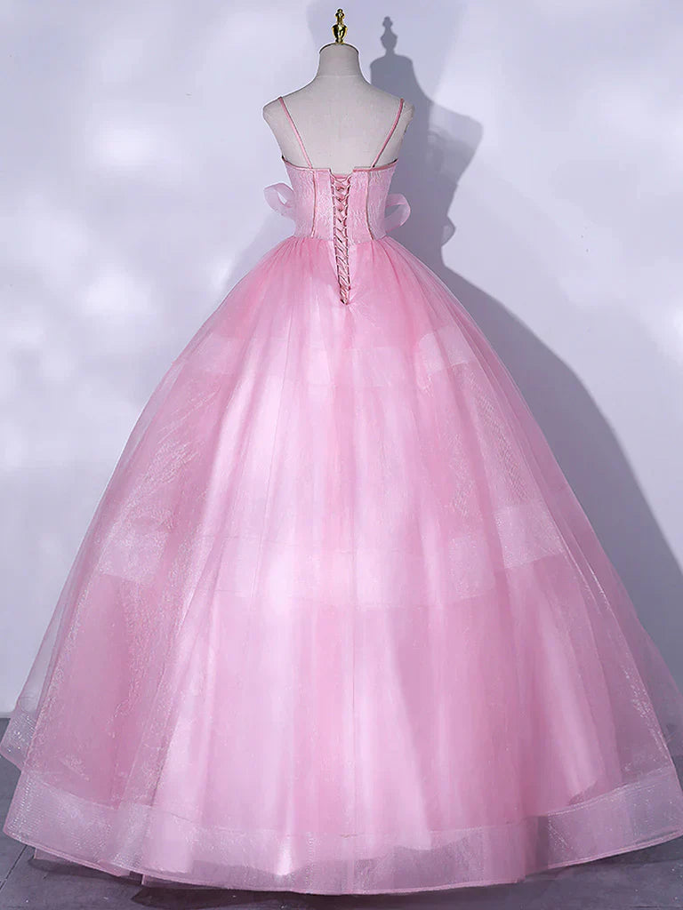 A-Line Tulle Lace Long Prom Dresses, Pink Sweet 16 Dress HZ1024