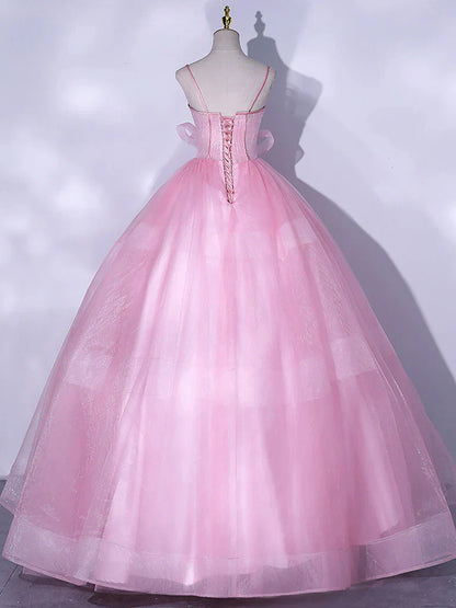 A-Line Tulle Lace Long Prom Dresses, Pink Sweet 16 Dress HZ1024