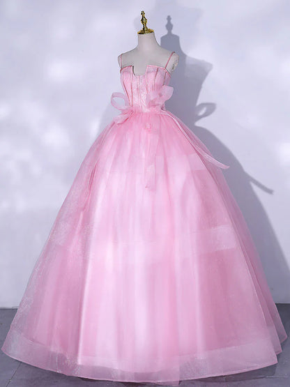 Pink A-Line Tulle Lace Long Prom Dresses, Pink Sweet 16 Dress ED0677