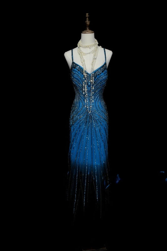 Chic Blue Prom Dress Sapghetti Straps Sheath Evening Dress Beaded Chiffon Sleeveless Birthday Dress ED06773