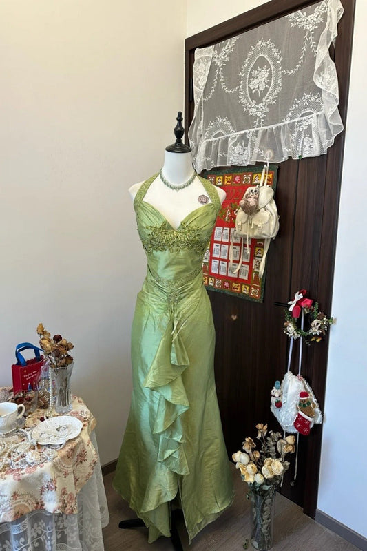 Vintage Green Prom Dress Halter Satin Sheath Evening Dress  ED06776