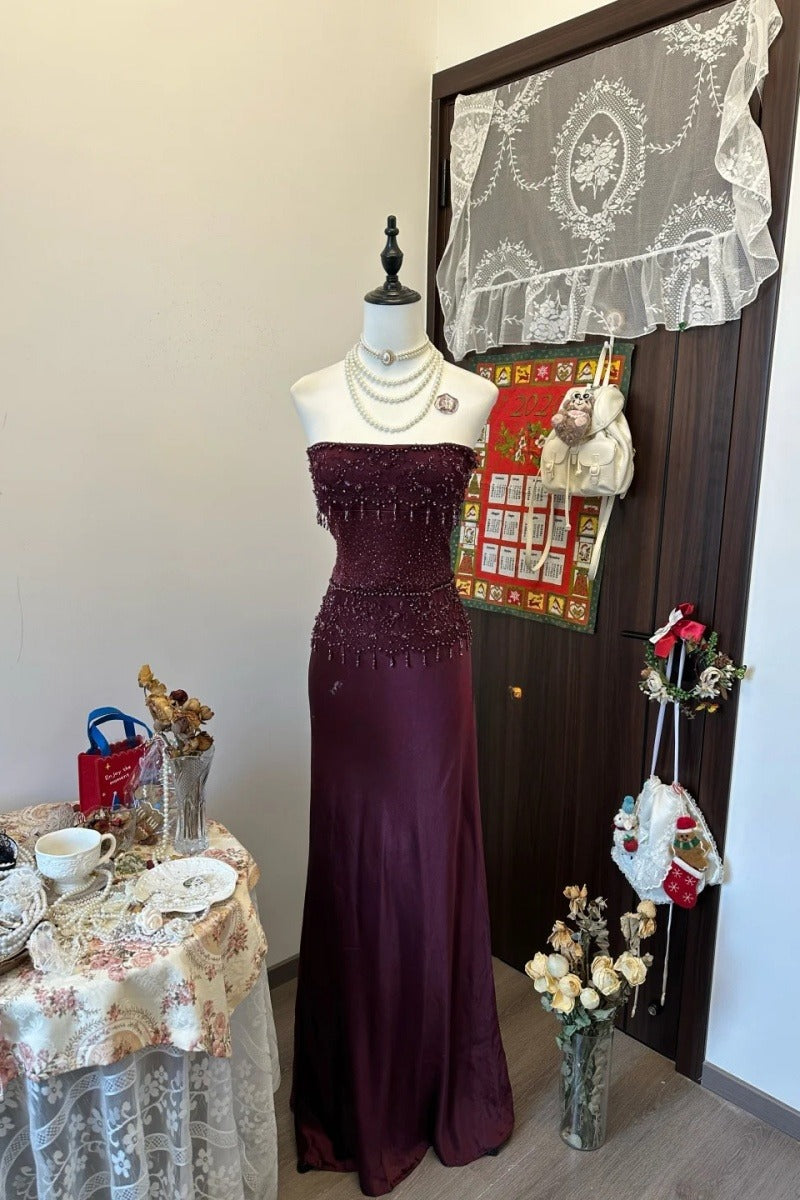 Vintage Grape Prom Dress Strapless Beaded Chiffon Sheath Evening Dress ED06778