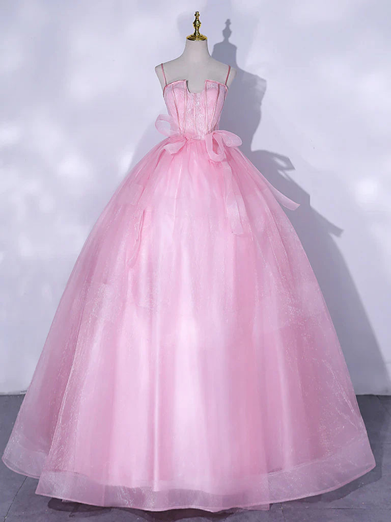Pink A-Line Tulle Lace Long Prom Dresses, Pink Sweet 16 Dress ED0677
