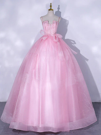 Pink A-Line Tulle Lace Long Prom Dresses, Pink Sweet 16 Dress ED0677