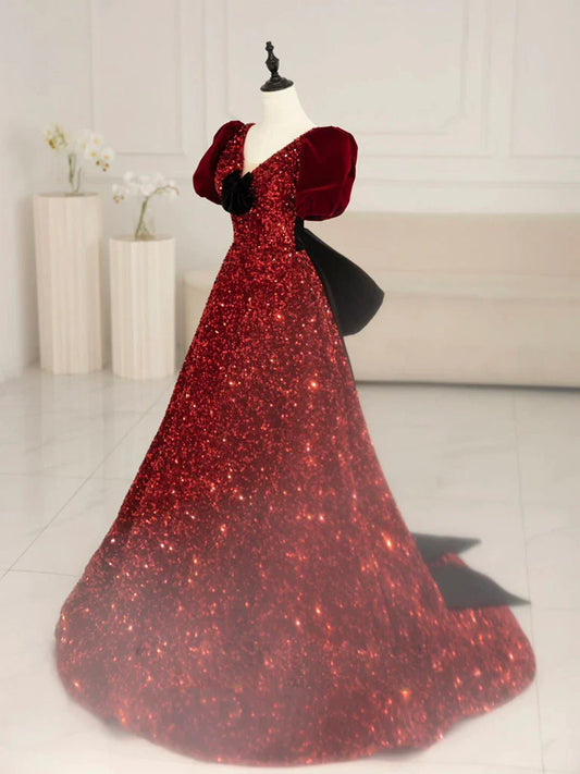Burgundy V Neck Velvet Sequin Long Prom Dress, Burgundy Formal Dress ED0678