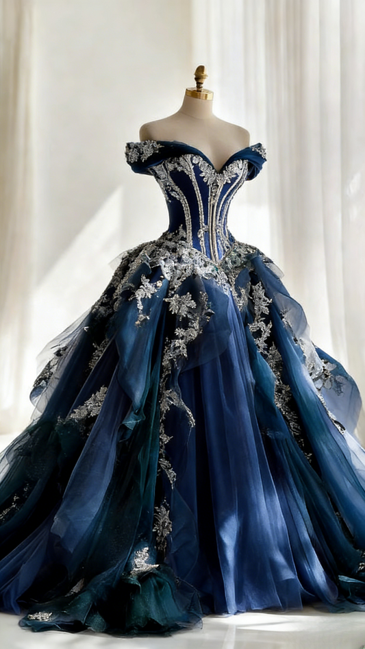 Chic Navy Blue Prom Dress Off-shoulder A-Line Birthday Dress Tulle Sleeveless Evening Dress ED06786