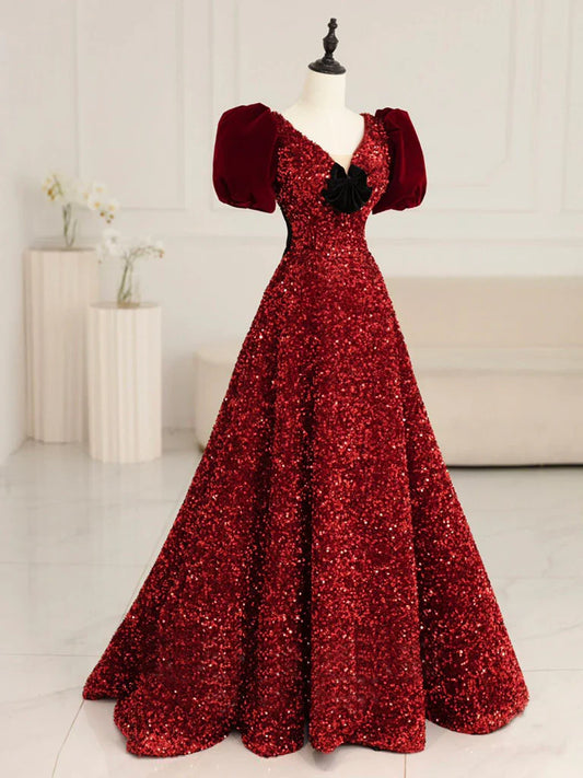 Burgundy V Neck Velvet Sequin Long Prom Dress, Burgundy Formal Dress ED0678